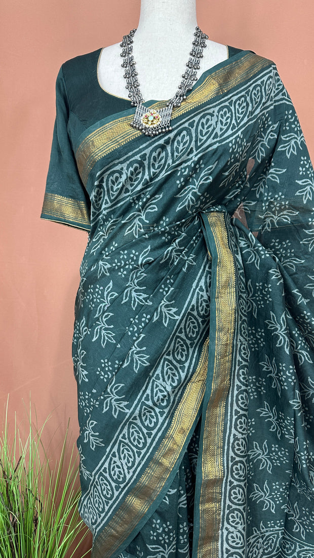 Handblock printed Maheswari cotton silk saree with stitched designer blouse