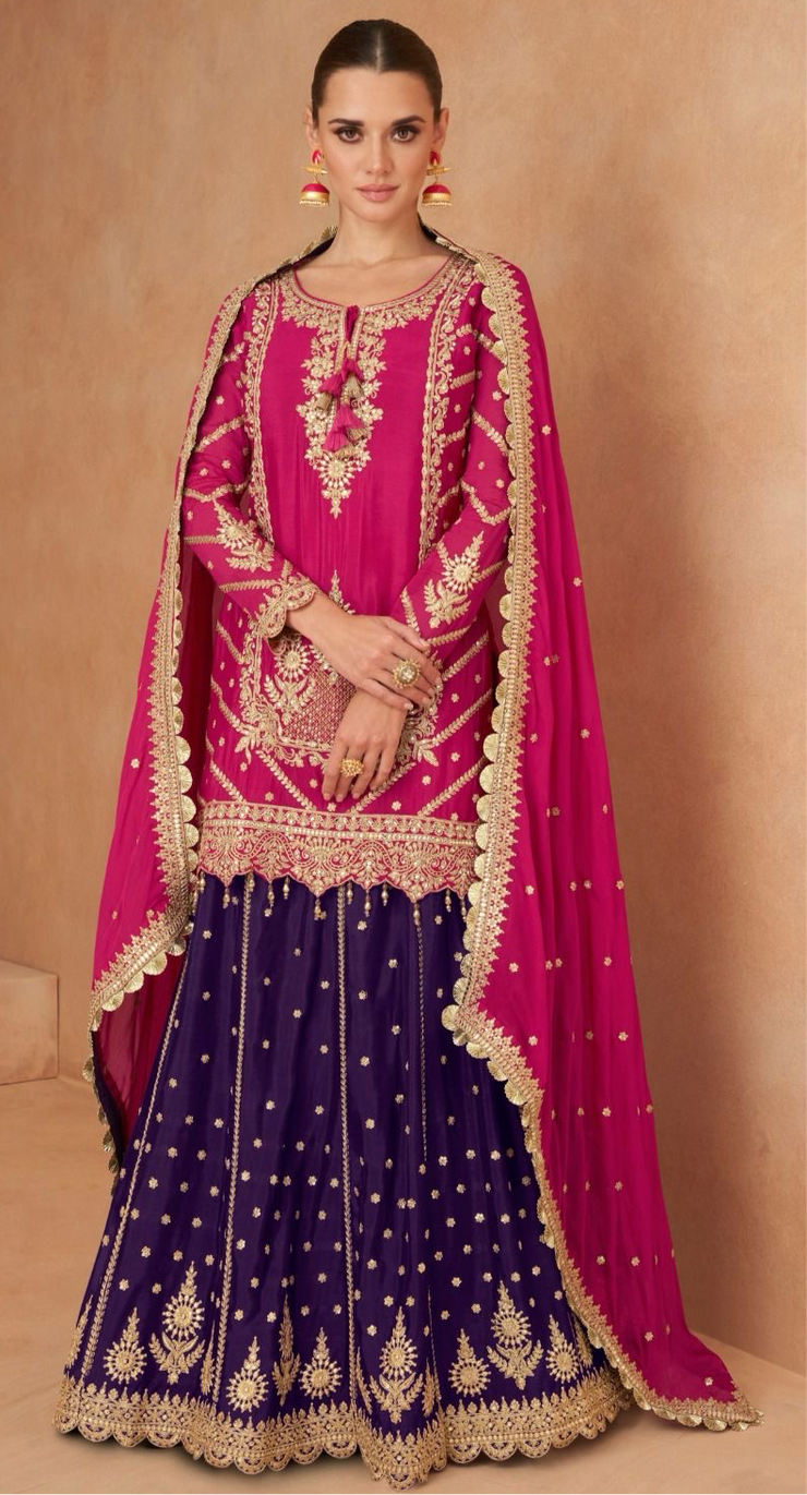 Pink and purple short top with skirt and dupatta