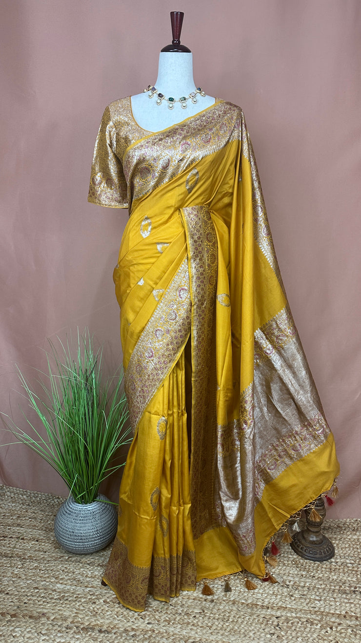 Mustard yellow Mashru Meenakari silk saree, with stitched blouse