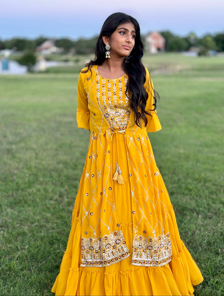 Mustard yellow lehanga with shrug