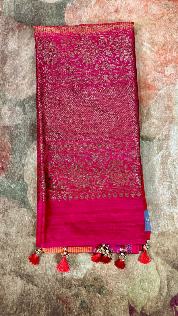 Pure silk Yellow matka saree with pink banarsi border and stitched blouse