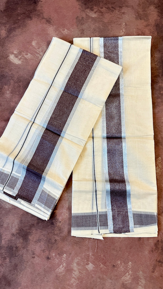 Coffe brown and silver cotton set mundu