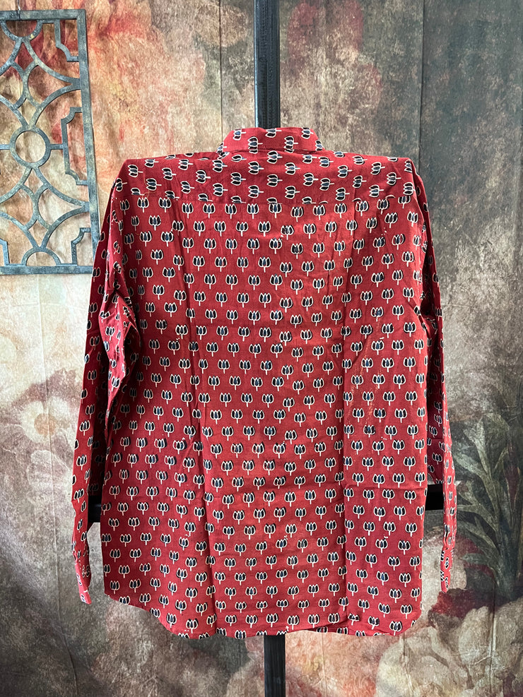 Brick Red ajrakh hand block printed cotton shirt - Size 38