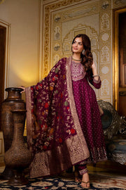 Maroon flared kurti with bottom and banarsi dupatta