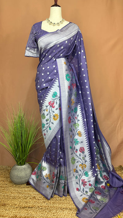 Pure tussar georgette hand loom banarsi saree with Paithani border, stitched blouse