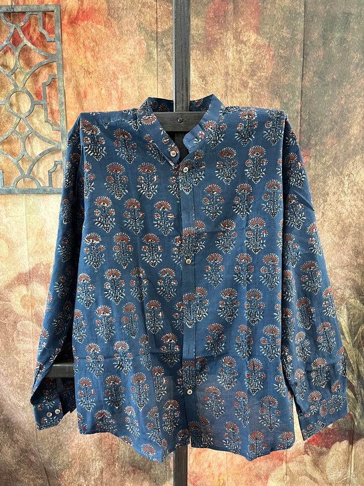 Indigo blue ajrakh hand block printed cotton shirt- Size 40