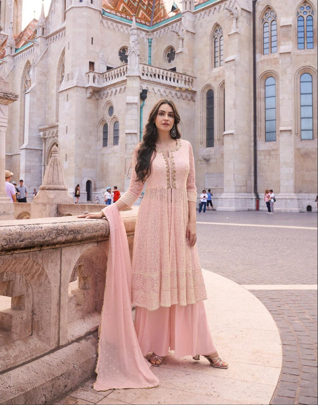 Baby pink flared top with palazzo and dupatta