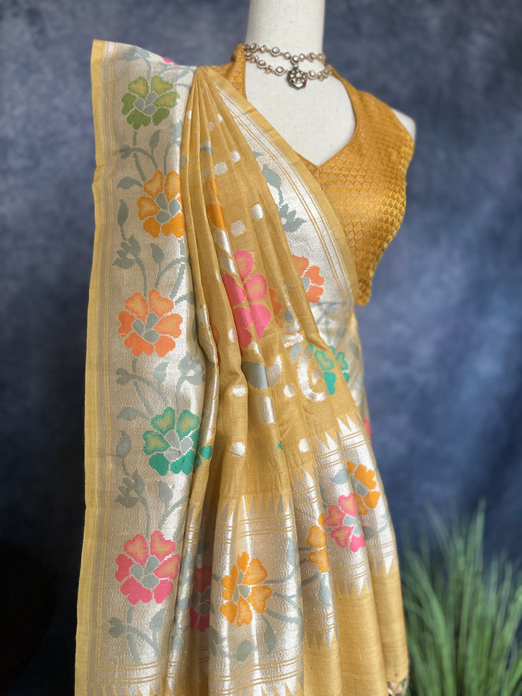 Pure tussar georgette hand loom banarsi saree with Paithani border, stitched blouse