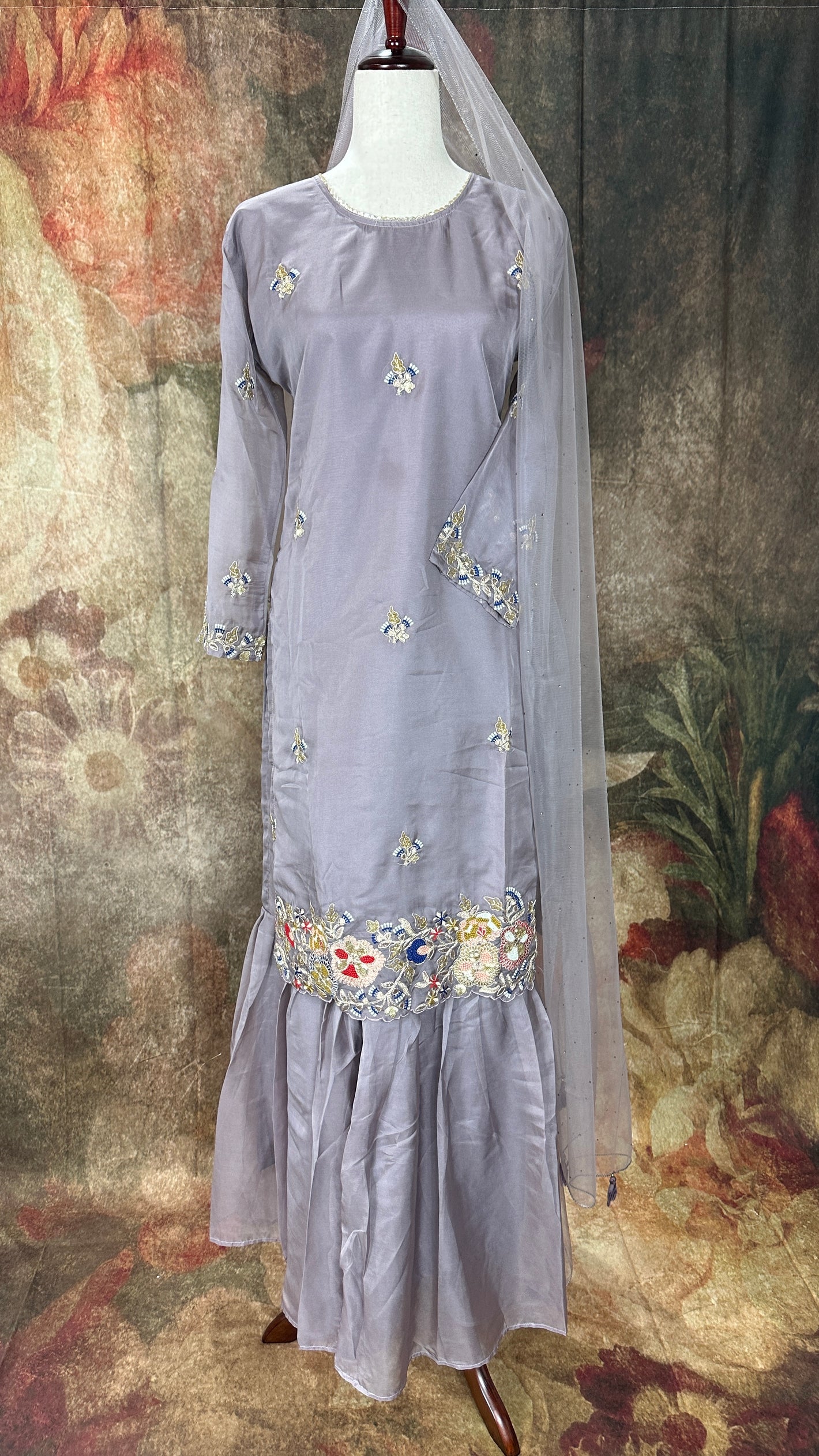 Lavender embroidered kurti with gharah and dupatta