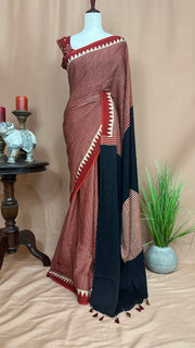 Red ajrak modal silk saree , with stitched blouse