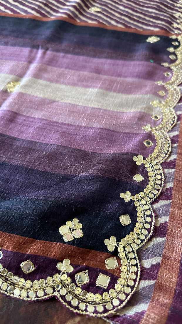 Dark eggplant color tuusar silk saree with gotta work and stitched blouse