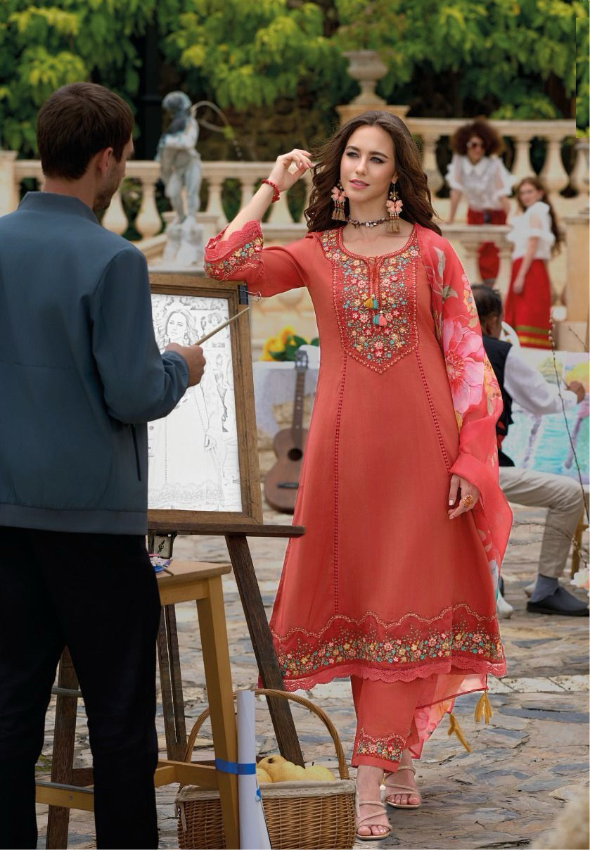 Orange Kurti with emboidery , bottom and dupatta