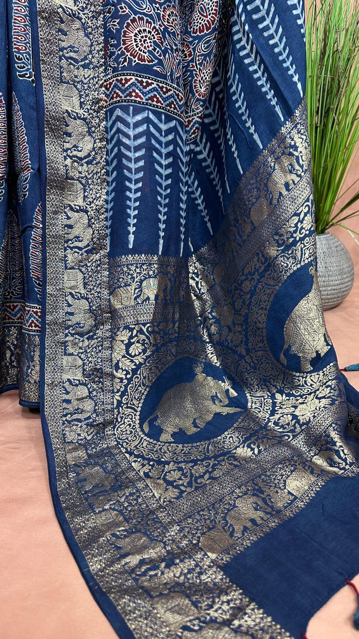 Indigo blue Ajrak hand block printed dola silk saree with stitched blouse