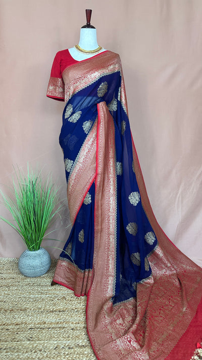 Khaddi georgette banarsi silk saree with stitched blouse