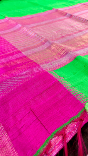 Green and Pink combo pure raw silk saree with stitched blouse