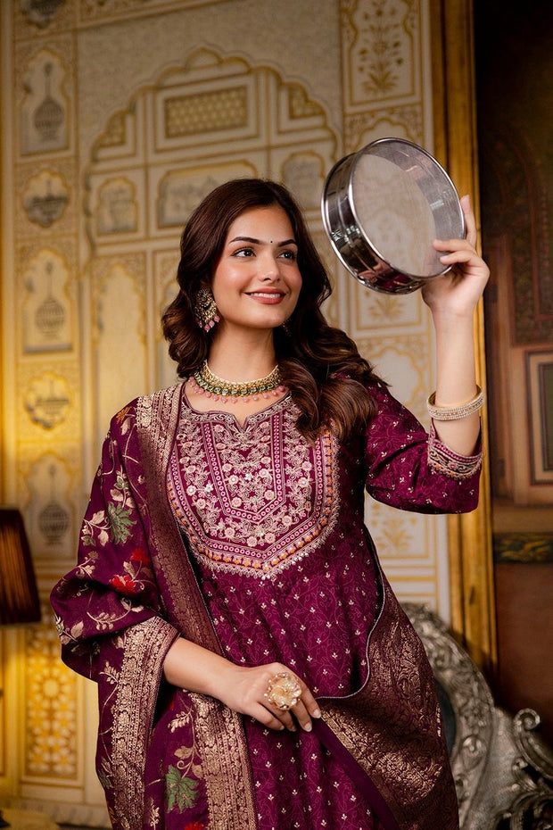 Maroon flared kurti with bottom and banarsi dupatta