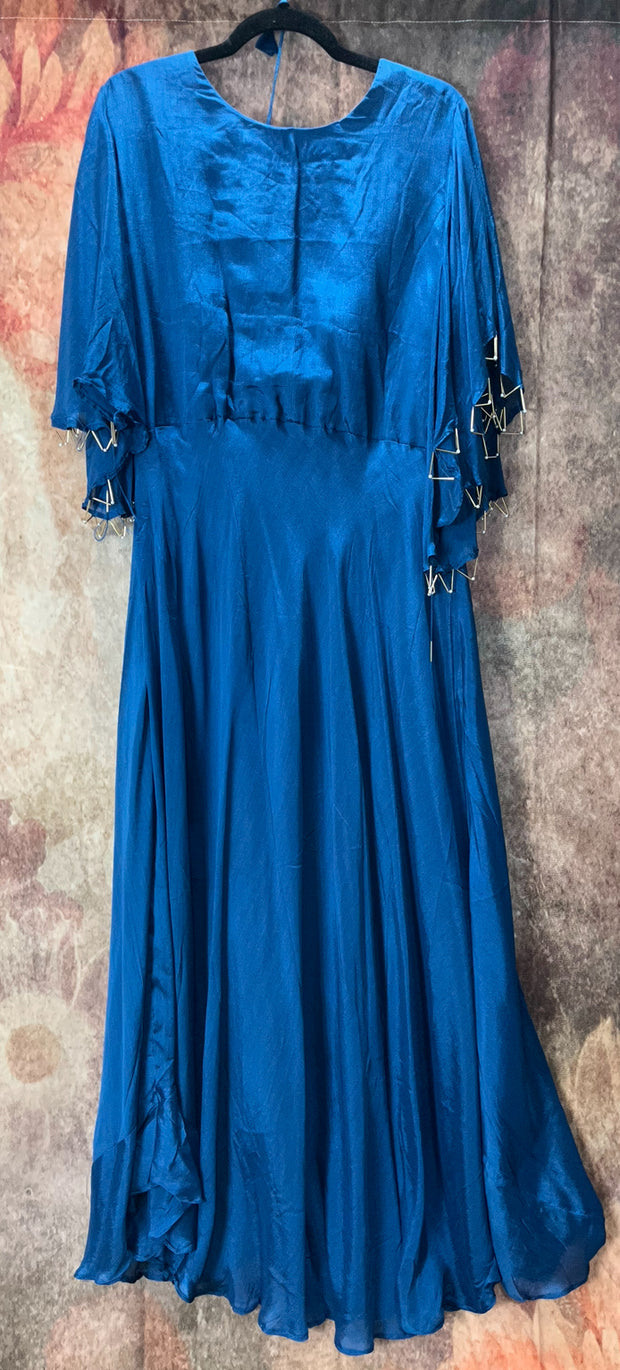 Blue gown with sleeve pattern and belt