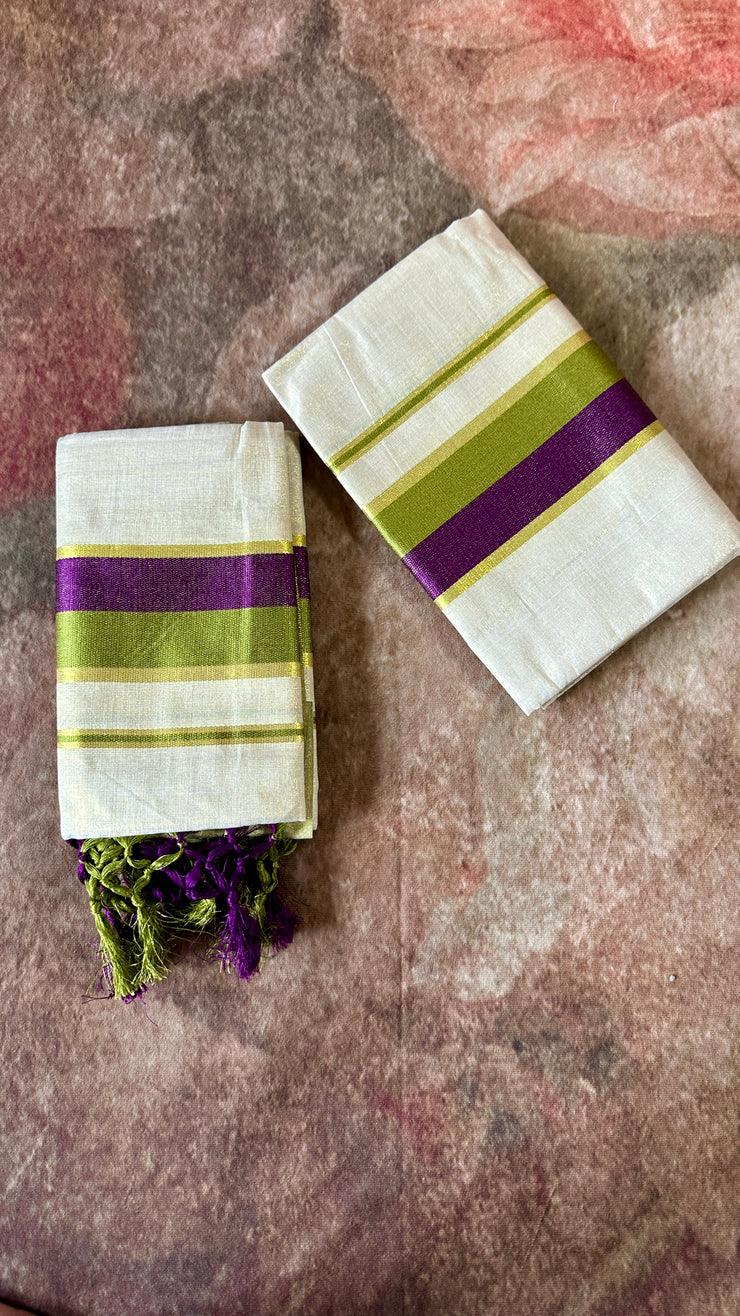 Tissue Set mundu with green and purple border