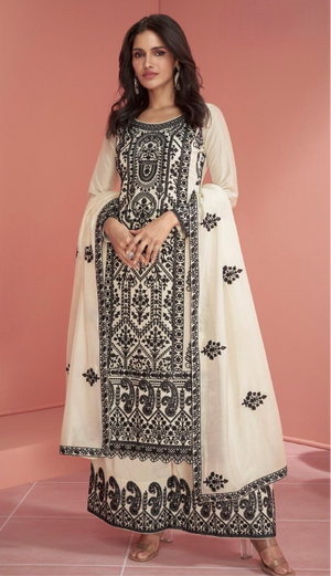 White and Black Pakistani style kurti with bottom and dupatta