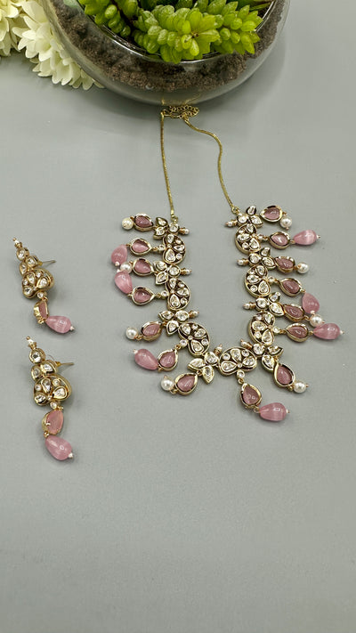 Moissanite stone necklace light pink bead and earring