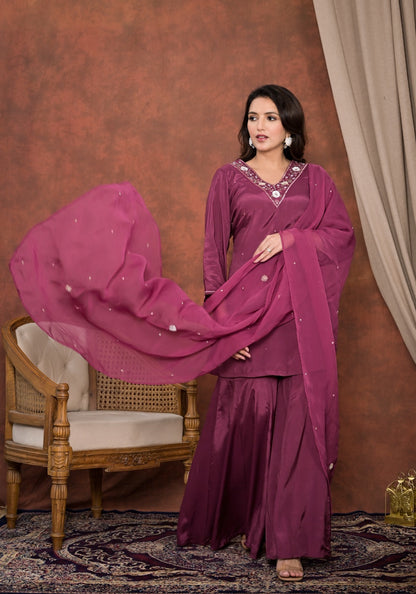 Wine red crepe kurti with flared palazzo and dupatta