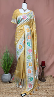 Pure tussar georgette hand loom banarsi saree with Paithani border, stitched blouse