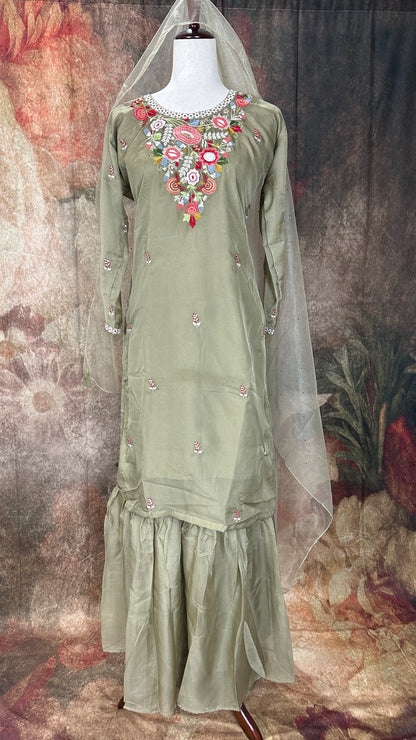 Olive green embroidered kurti with gharah and dupatta