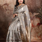 Hand woven Grey Kora Banarsi saree with silver and gold zari stitched blouse