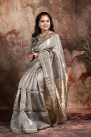 Hand woven Grey Kora Banarsi saree with silver and gold zari stitched blouse