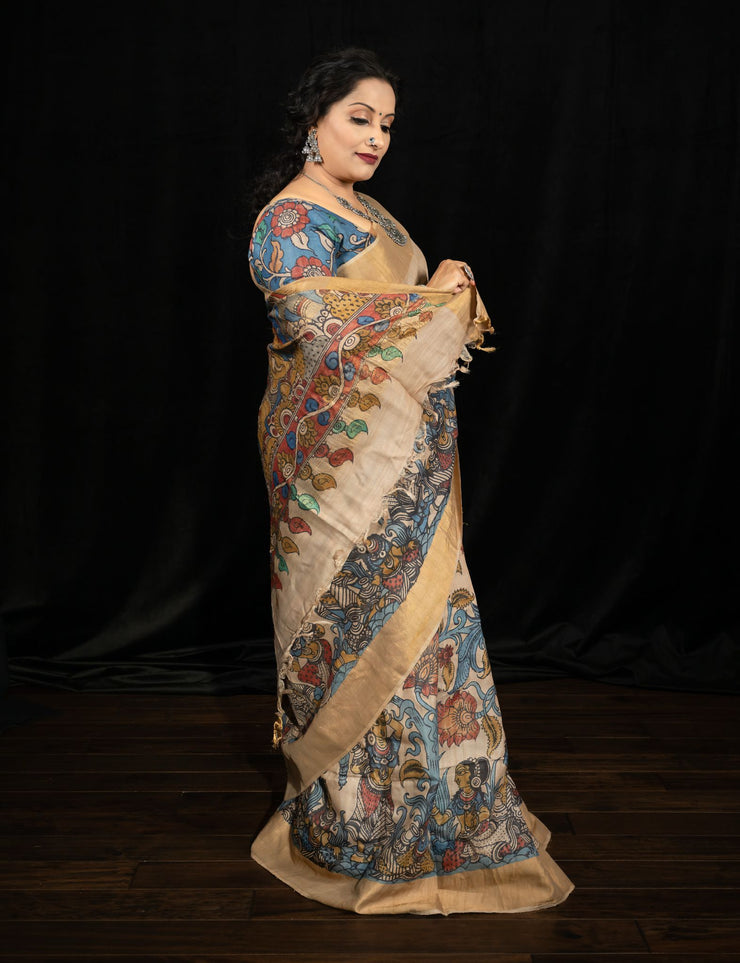 Kalamkari Hand Painted Pure Tussar Saree with stitched blouse