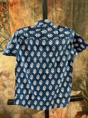 Indigo blue cotton shirt with jaipur print - 8yr