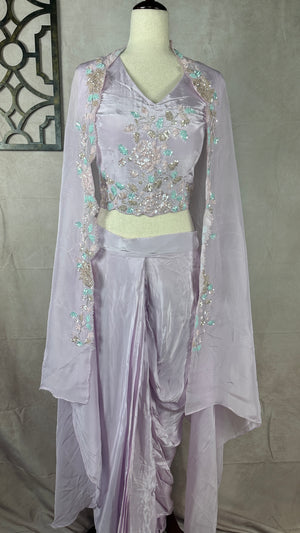 Lilac Crepe drape skirt , short top and shrug (fits to M/L/XL)