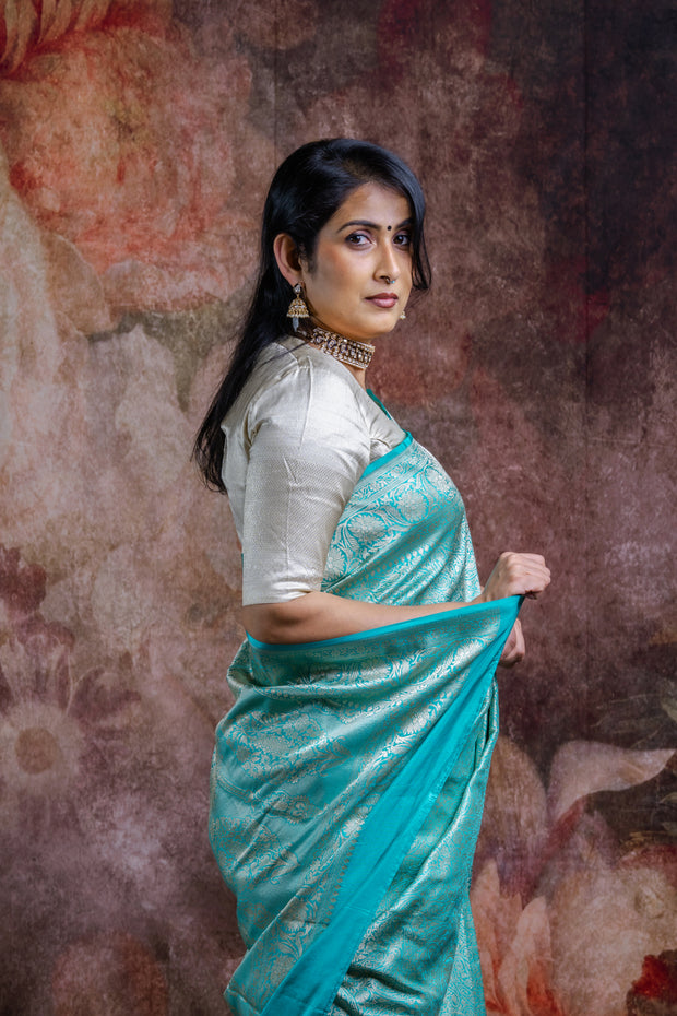 Copper sulphate blue pure katan banarsi saree with stitched blouse