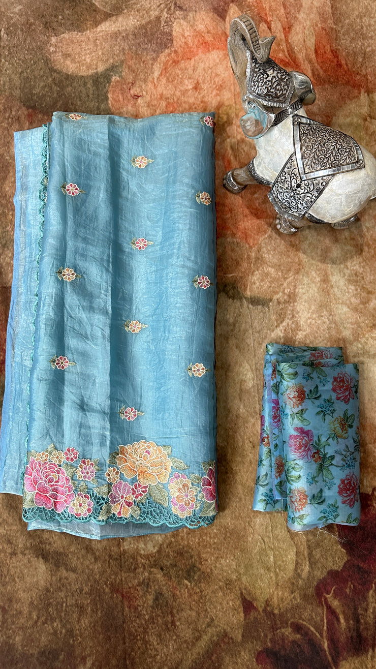Light blue crushed tissue saree with cut work, with BP