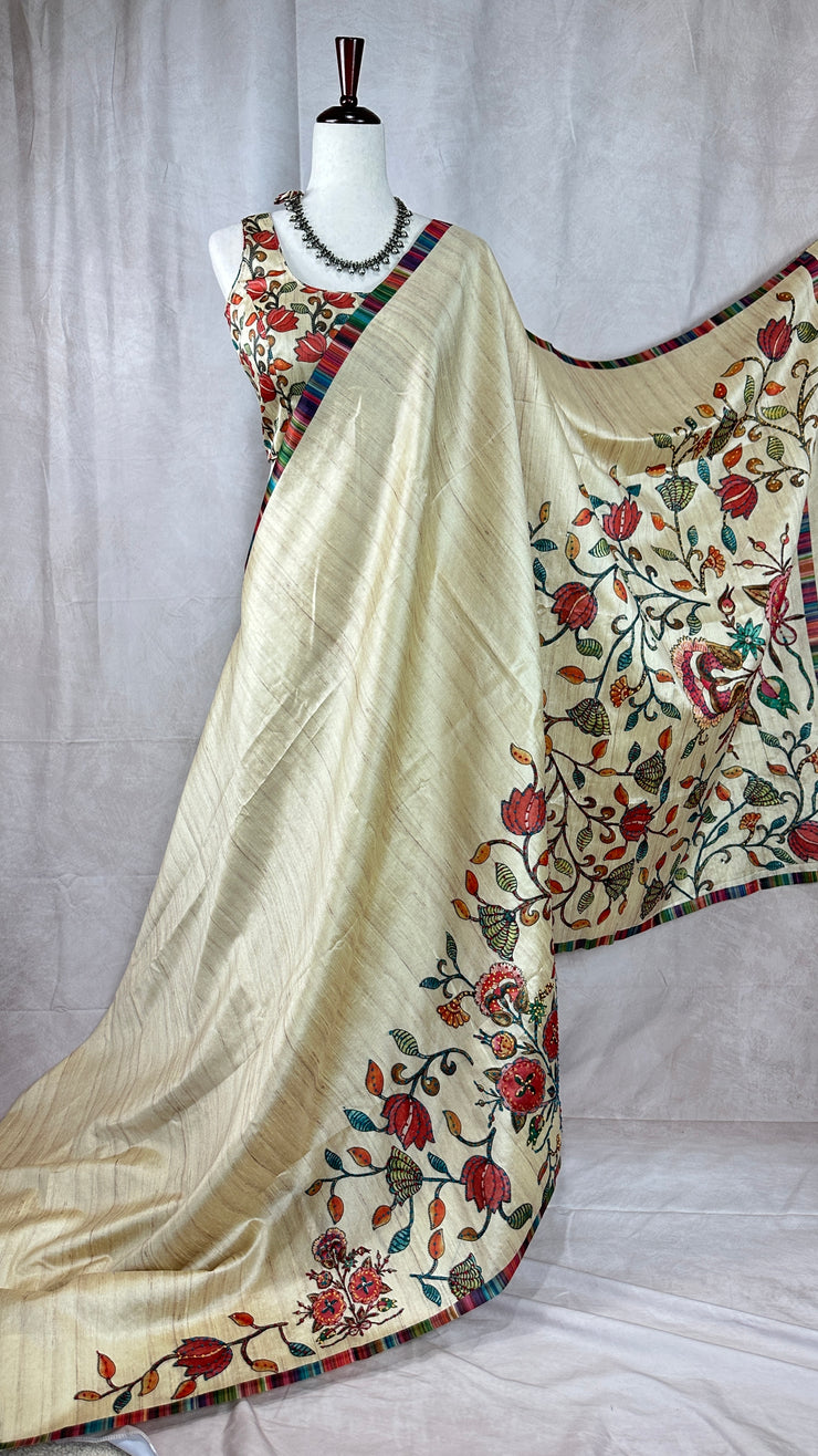 Offwhite Semi tussar silk saree with hand emroidery and sleeveless blouse