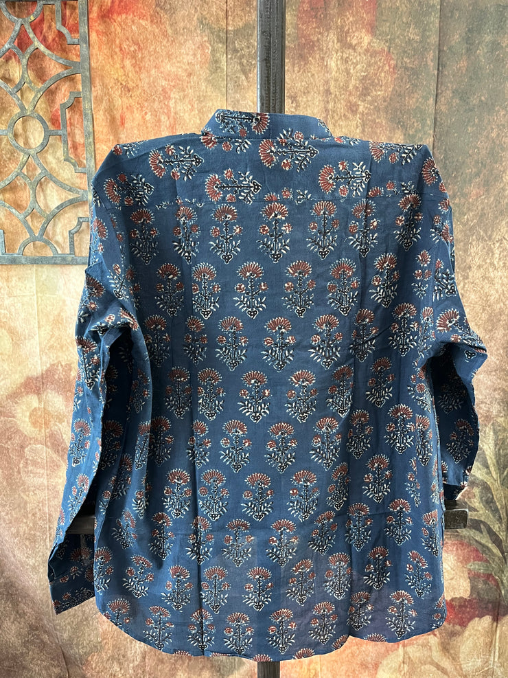 Indigo blue ajrakh hand block printed cotton shirt- Size 40