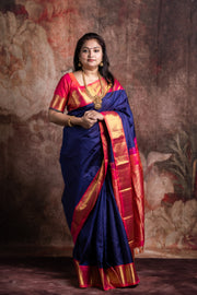 Handwoven Blue and orange pink pure silk kanchivaram silk saree with stitched blouse