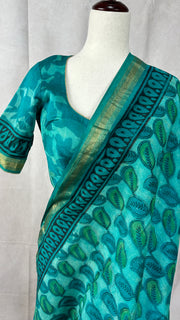 Handblock printed Maheswari cotton silk saree with stitched designer blouse