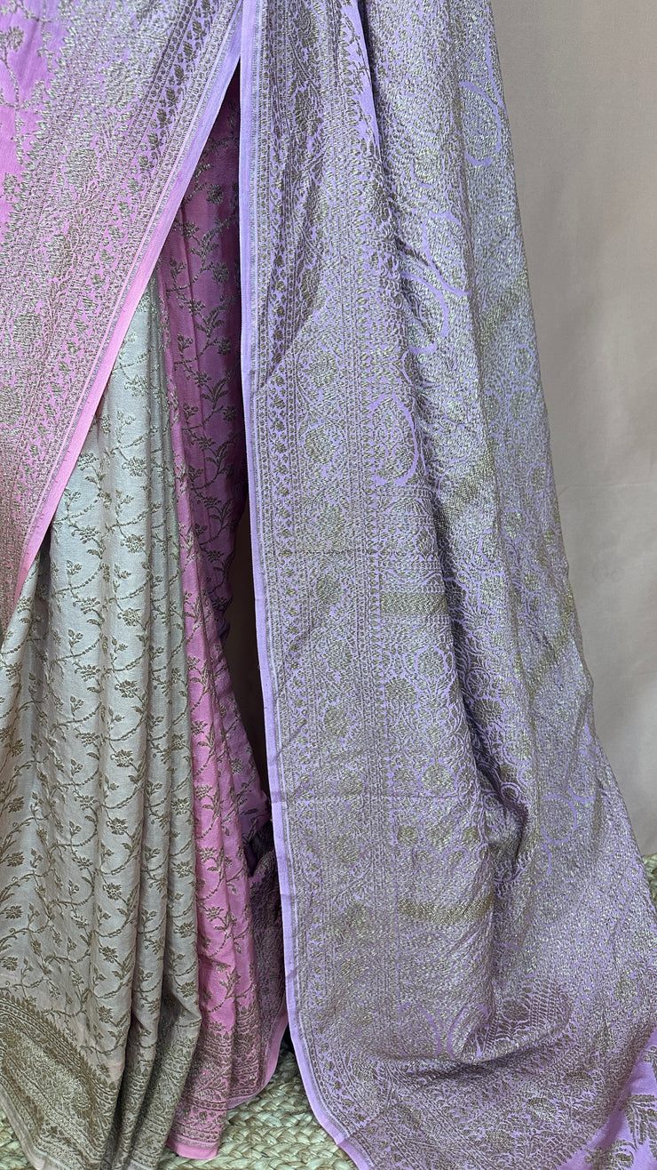 Lotus pink ombre pure crepe silk saree with stitched blouse