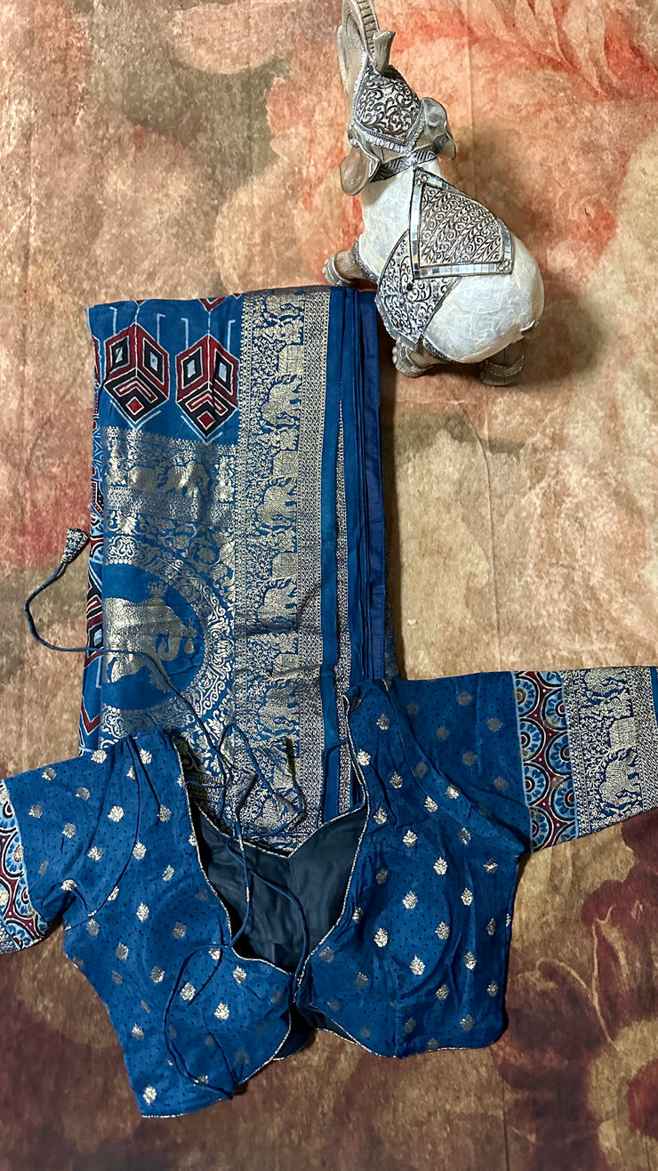 Indigo Blue Ajrakh hand block printed dola silk saree with stitched blouse