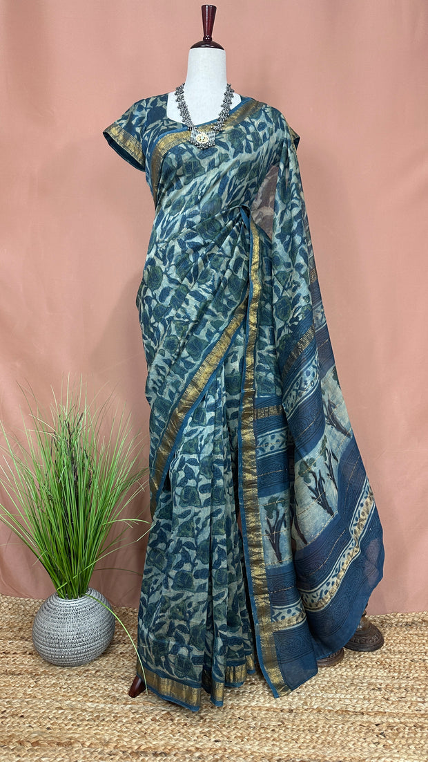 Handblock printed Maheswari cotton silk saree with stitched designer blouse