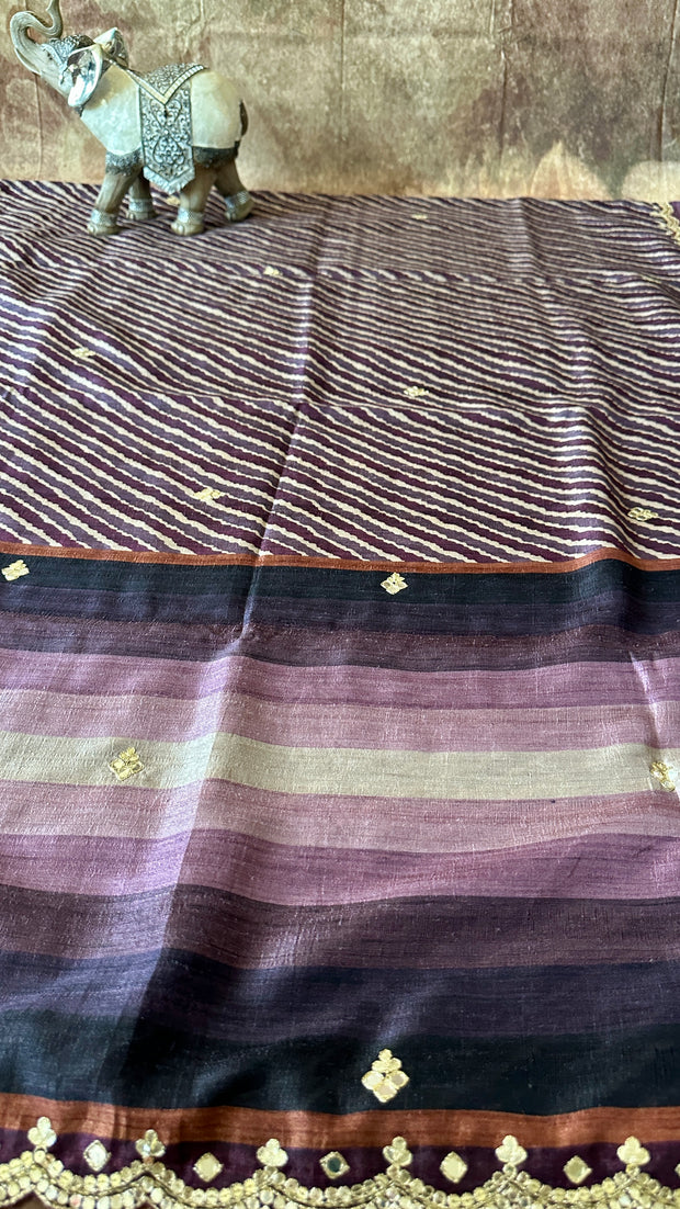 Dark eggplant color tuusar silk saree with gotta work and stitched blouse