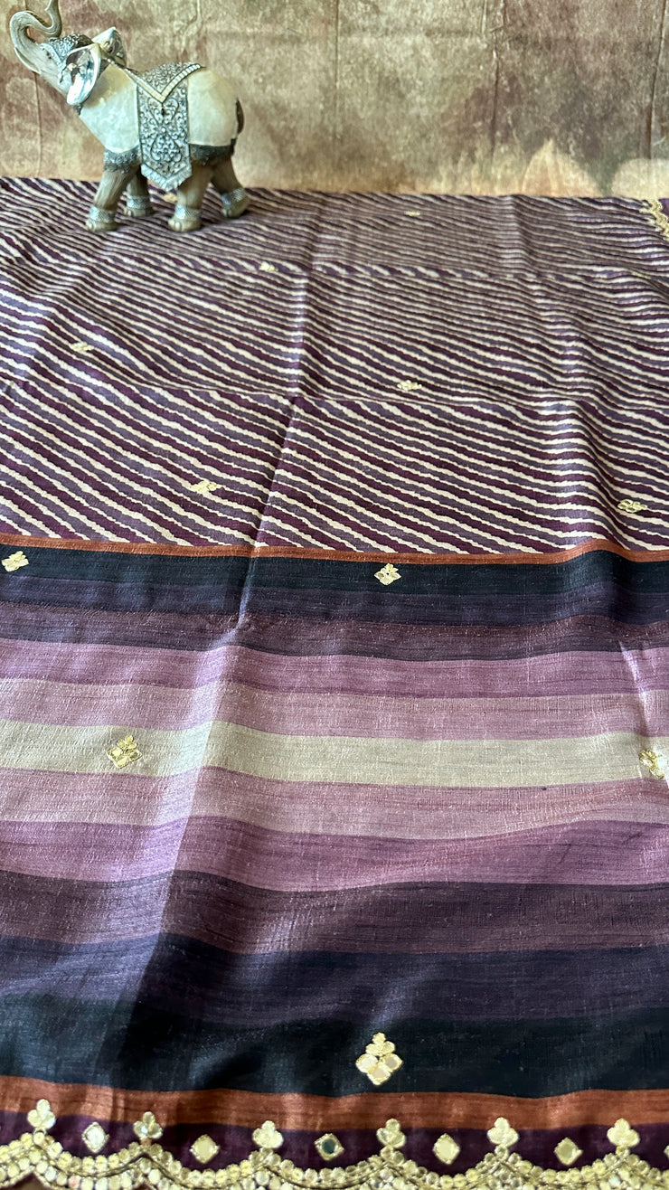 Dark Eggplant Tussar Silk Saree with Gotta Work and stitched blouse