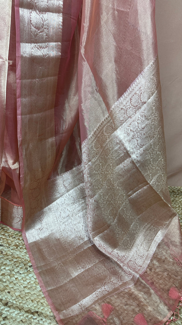 Pure Peach organza tissue silk saree with stitched blouse