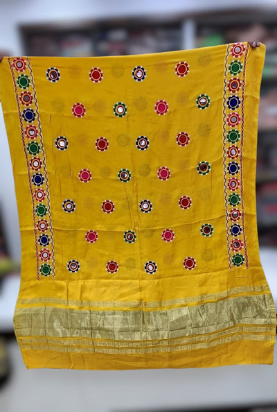 Yellow Cotton silk dupatta with mirror work