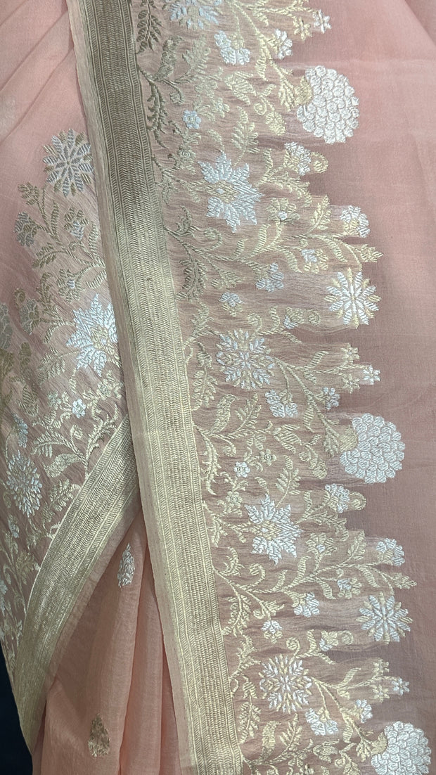 Pure Silk organza saree with gold and silver weave , with stitched blouse