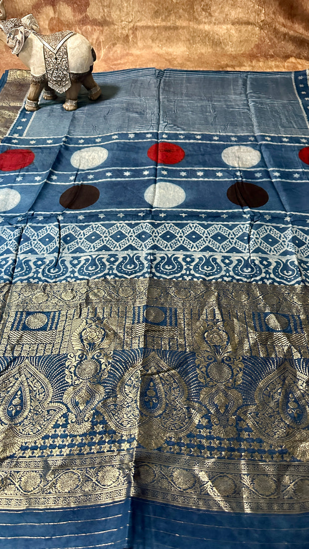 Indigo Blue Ajrakh hand block printed dola silk saree with stitched blouse