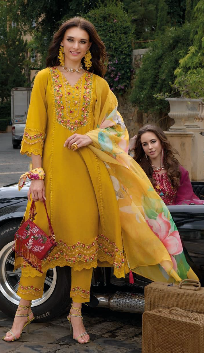 Mustard yellow Kurti with emboidery , bottom and dupatta