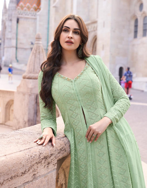 Mint green flared top with palazzo and dupatta