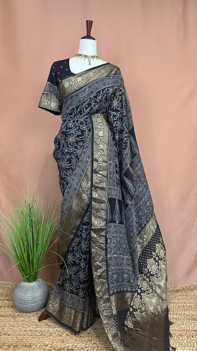 Dola Silk Saree with Ajrakh Hand Block Print , stitched blouse